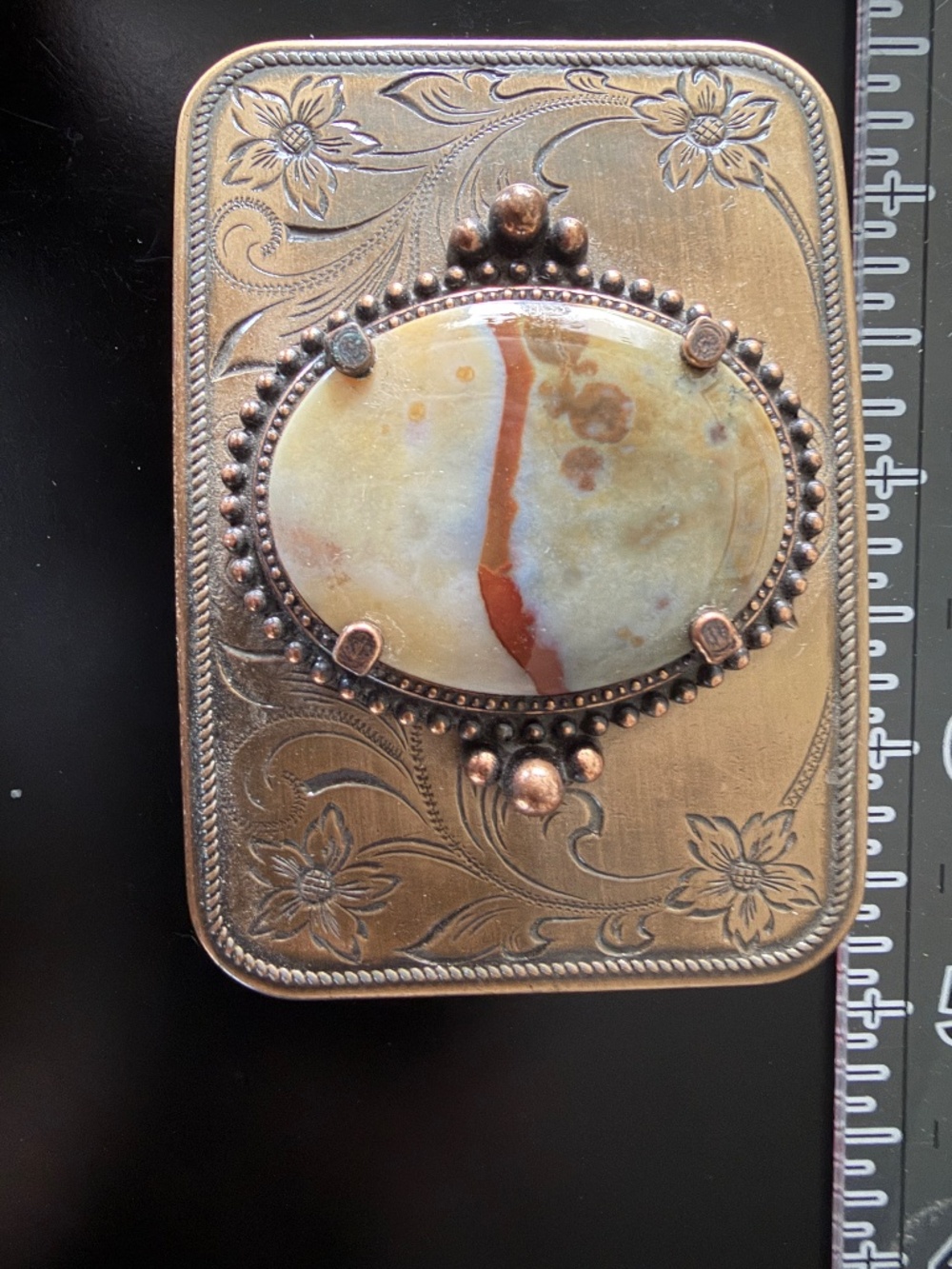 Vintage Western Etched Bronze/Brass Tone Belt Buckle With Polished Agate